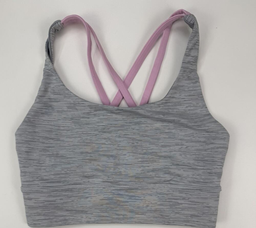 Lululemon Womens Sports Bra 4 Gray Striped Pink Strappy Crossback Yoga
